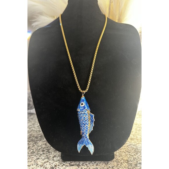 Vintage Cloisonné Articulated Koi Fish Pendant Necklace on 28" Chain - Picture 1 of 12